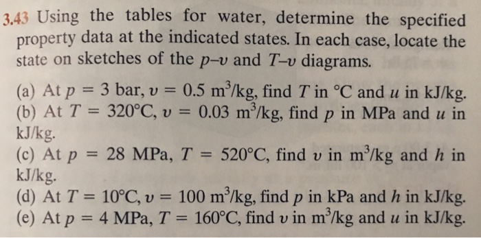 Using the tables for water determine the specified