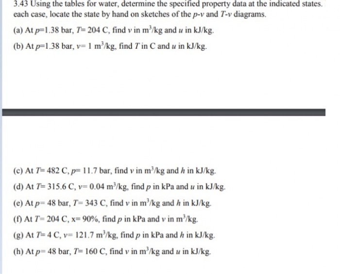 Using the tables for water determine the specified